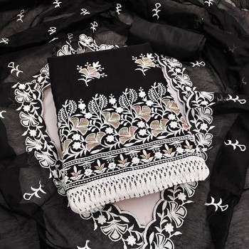 women's black unstitched chanderi dress material with embroidered dupatta  1