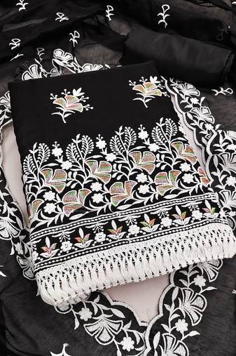 women's black unstitched chanderi dress material with embroidered dupatta 