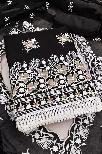 women's black unstitched chanderi dress material with embroidered dupatta 