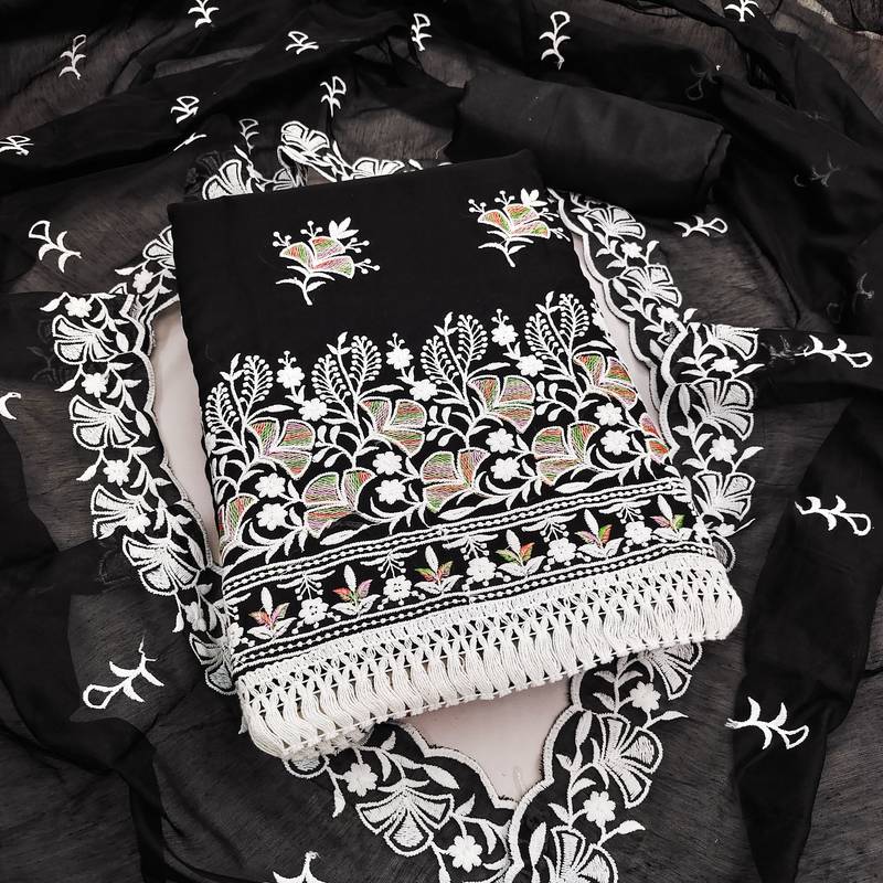 women's black unstitched chanderi dress material with embroidered dupatta 