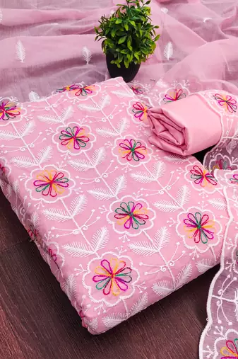 women's pink unstitched chanderi dress material with embroidered dupatta