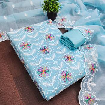 women's sky blue unstitched chanderi dress material with embroidered dupatta  3
