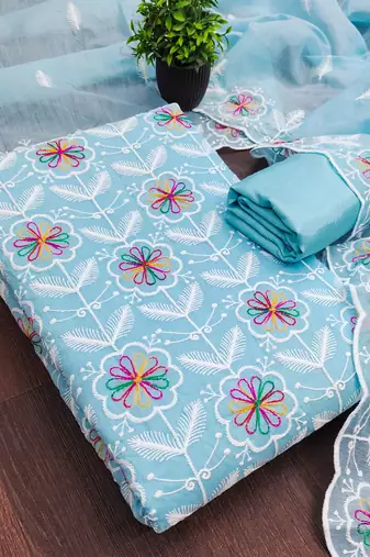 women's sky blue unstitched chanderi dress material with embroidered dupatta 