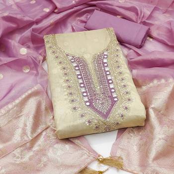 women's beige unstitched simmer butti dress material with woven dupatta  1