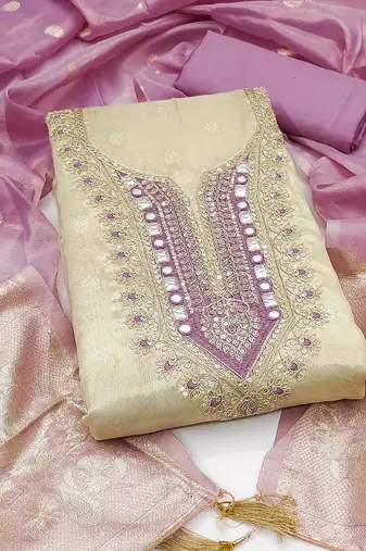 women's beige unstitched simmer butti dress material with woven dupatta 