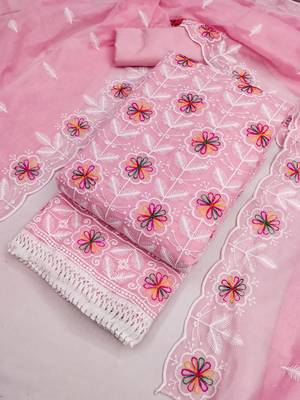 women's pink unstitched chanderi dress material with embroidered dupatta 4