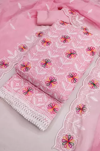 women's pink unstitched chanderi dress material with embroidered dupatta