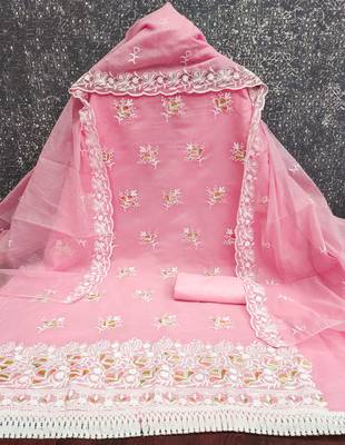women's pink unstitched chanderi dress material with embroidered dupatta  2