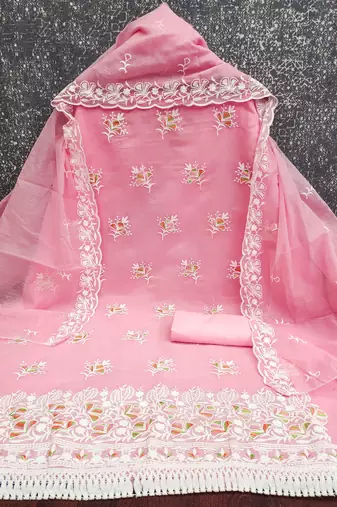 women's pink unstitched chanderi dress material with embroidered dupatta 