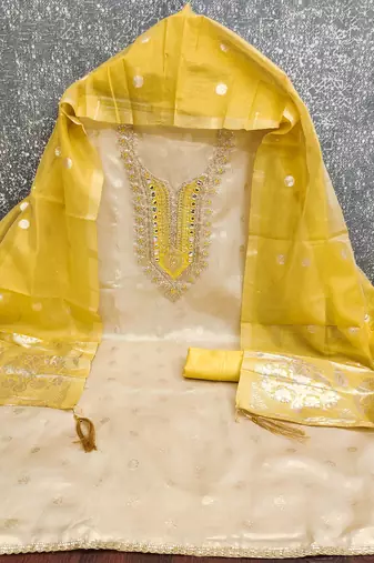 women's beige unstitched simmer butti dress material with woven dupatta