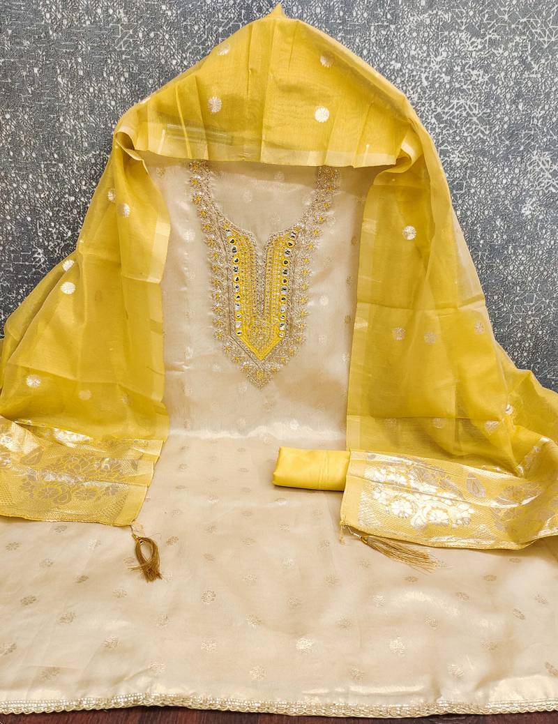 women's beige unstitched simmer butti dress material with woven dupatta