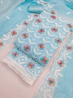 women's sky blue unstitched chanderi dress material with embroidered dupatta  4