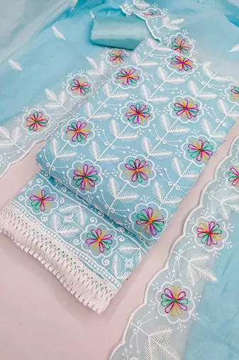 women's sky blue unstitched chanderi dress material with embroidered dupatta 