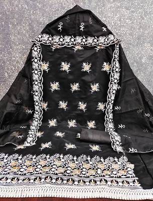 women's black unstitched chanderi dress material with embroidered dupatta  2