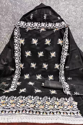 women's black unstitched chanderi dress material with embroidered dupatta 