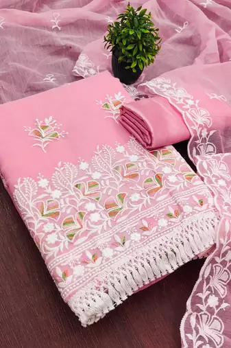 women's pink unstitched chanderi dress material with embroidered dupatta 