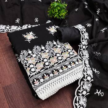 women's black unstitched chanderi dress material with embroidered dupatta  3