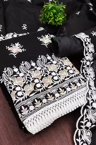 women's black unstitched chanderi dress material with embroidered dupatta 