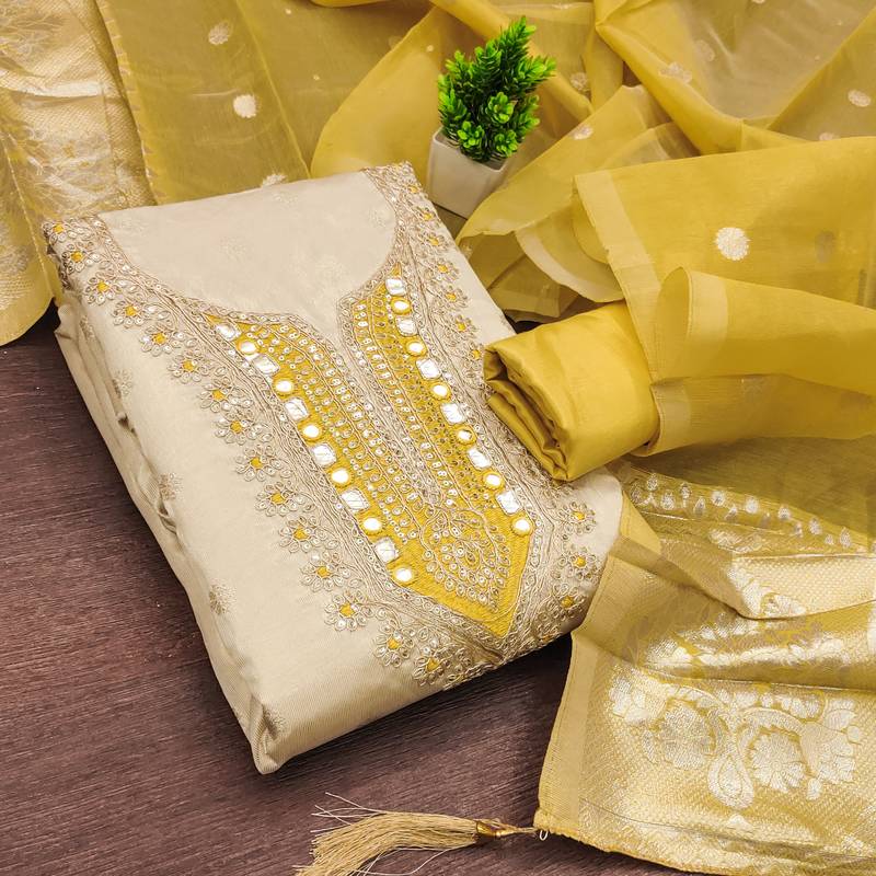women's beige unstitched simmer butti dress material with woven dupatta