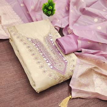 women's beige unstitched simmer butti dress material with woven dupatta  3