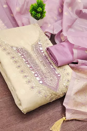 women's beige unstitched simmer butti dress material with woven dupatta 