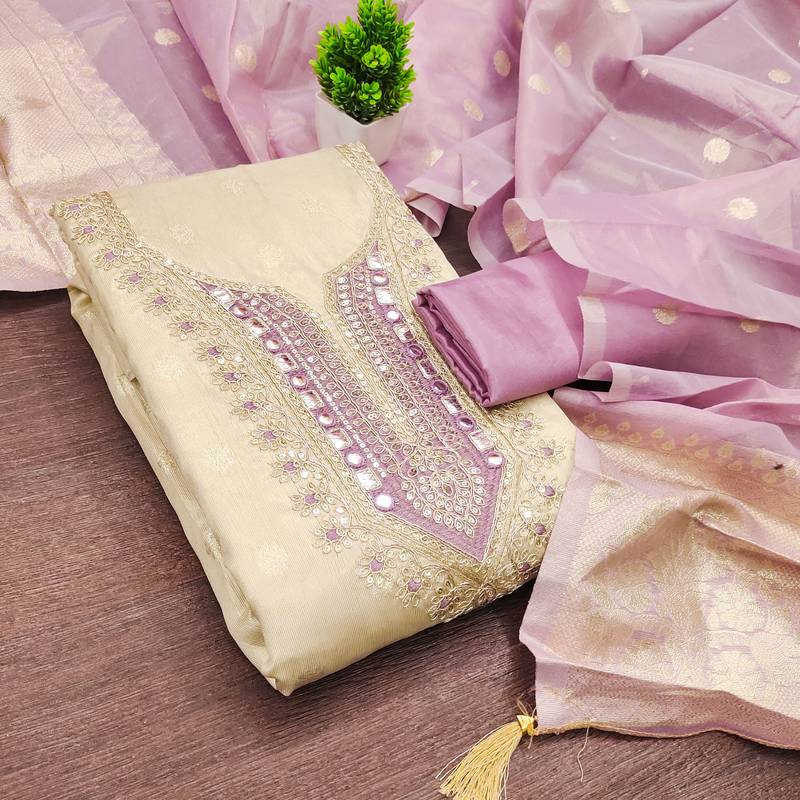 women's beige unstitched simmer butti dress material with woven dupatta 