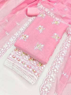 women's pink unstitched chanderi dress material with embroidered dupatta  4