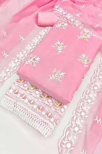women's pink unstitched chanderi dress material with embroidered dupatta 