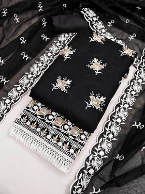 women's black unstitched chanderi dress material with embroidered dupatta  4