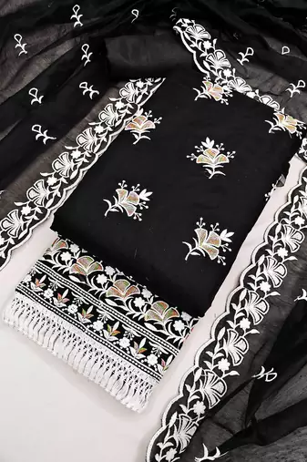 women's black unstitched chanderi dress material with embroidered dupatta 