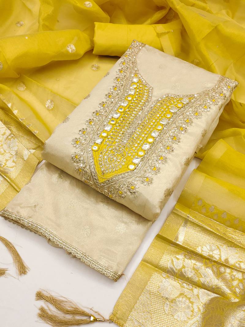 women's beige unstitched simmer butti dress material with woven dupatta
