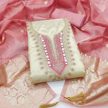 women's beige unstitched simmer butti dress material with woven dupatta 1