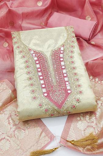 women's beige unstitched simmer butti dress material with woven dupatta