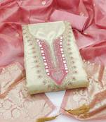 women's beige unstitched simmer butti dress material with woven dupatta