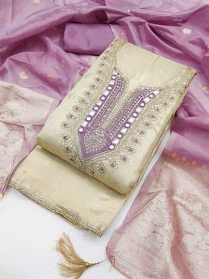women's beige unstitched simmer butti dress material with woven dupatta  4