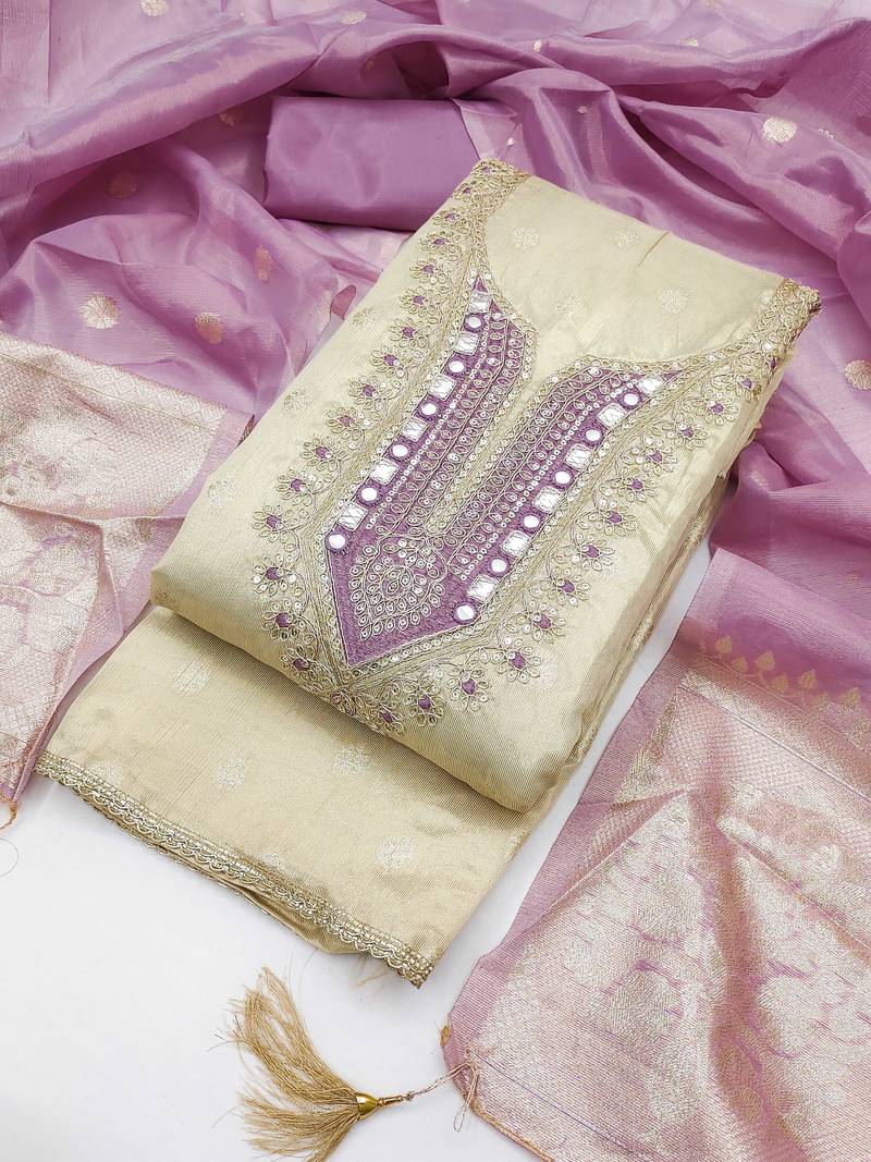 women's beige unstitched simmer butti dress material with woven dupatta 