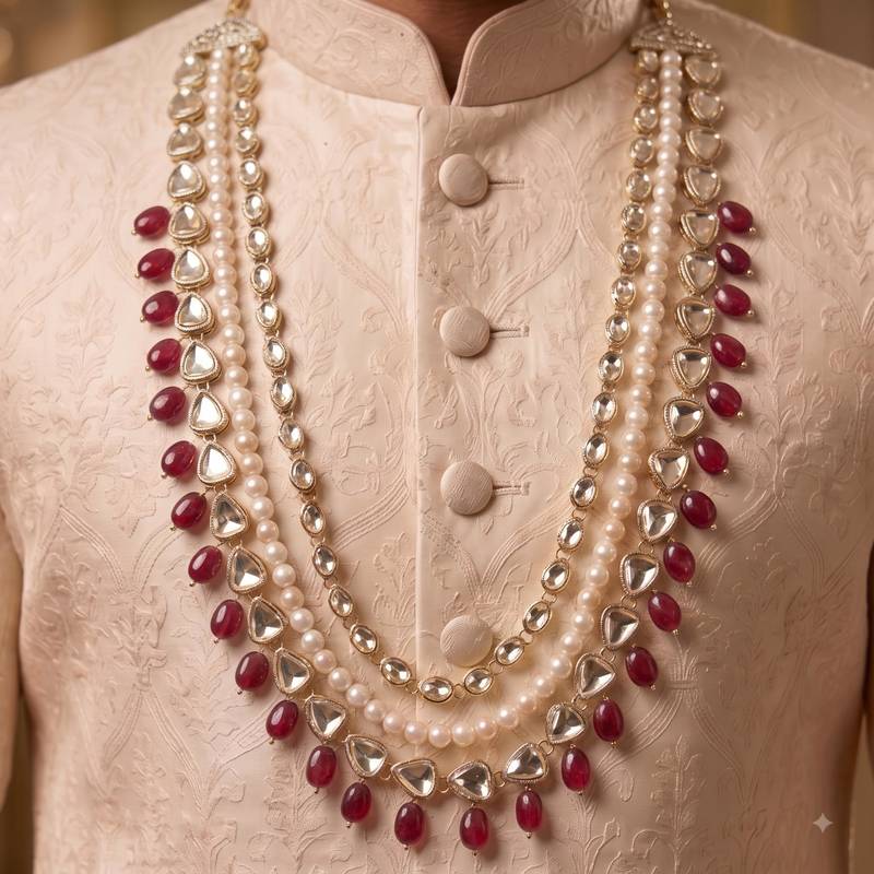Maroon kundan pearl necklace for men – regal sherwani wedding jewellery