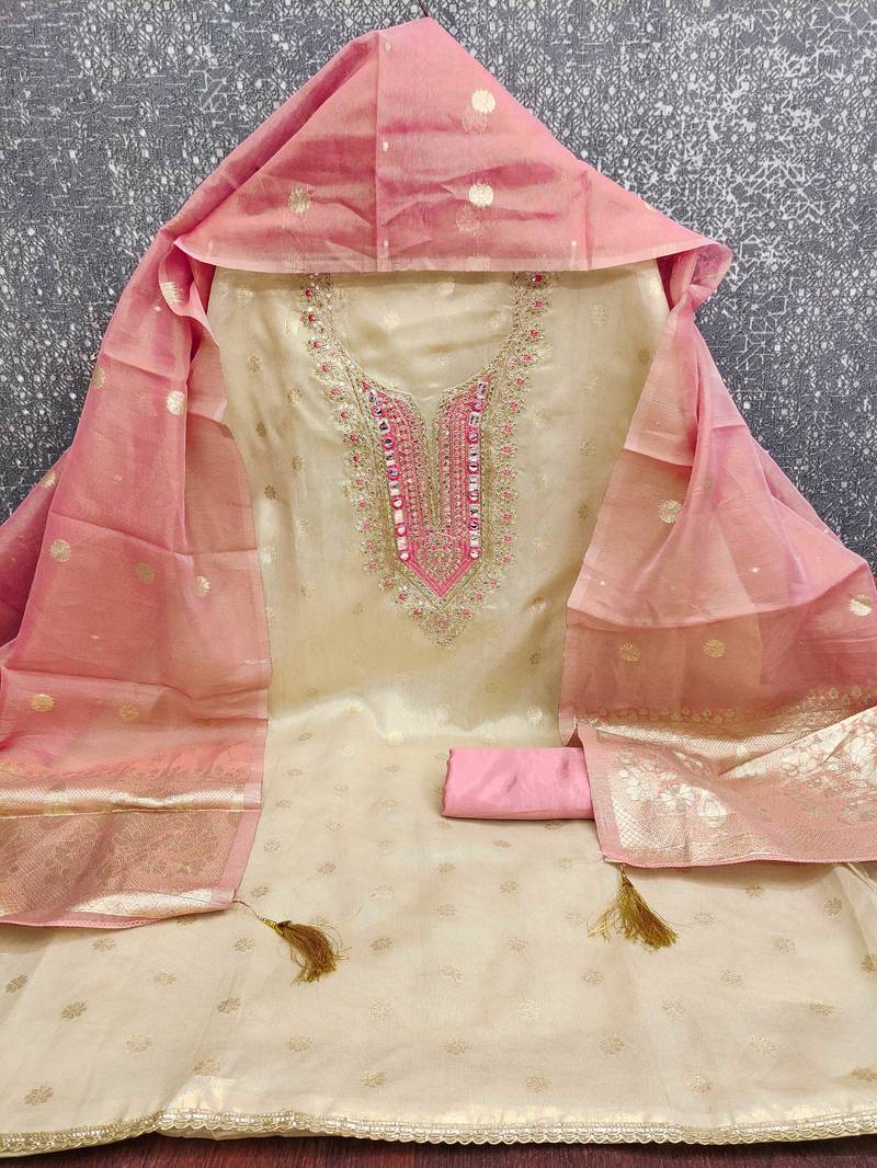 women's beige unstitched simmer butti dress material with woven dupatta