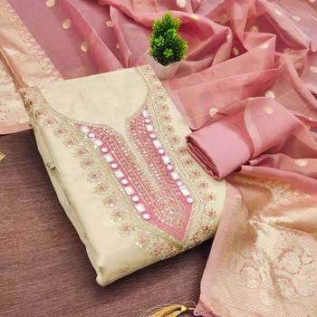 women's beige unstitched simmer butti dress material with woven dupatta 3
