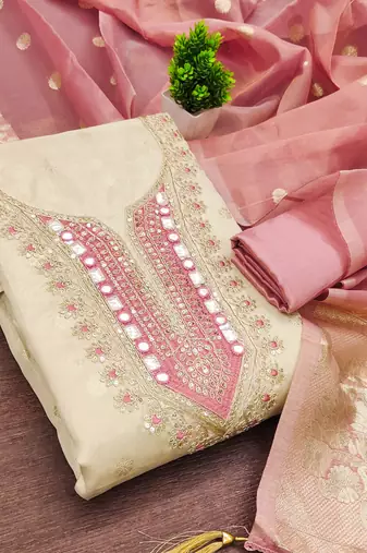 women's beige unstitched simmer butti dress material with woven dupatta