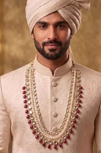 Maroon kundan pearl necklace for men – regal sherwani wedding jewellery
