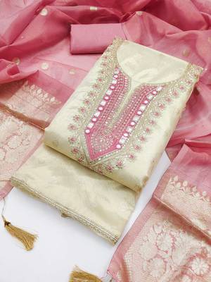 women's beige unstitched simmer butti dress material with woven dupatta 4