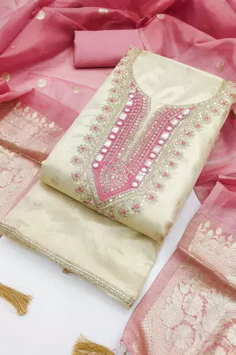 women's beige unstitched simmer butti dress material with woven dupatta