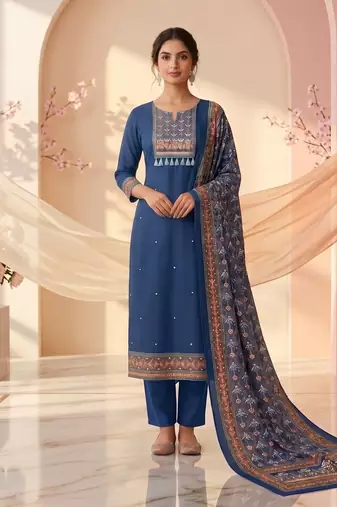 women's blue unstitched reyon cotton dress material with printed dupatta