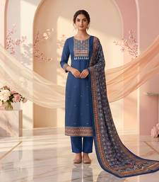 women's blue unstitched reyon cotton dress material with printed dupatta
