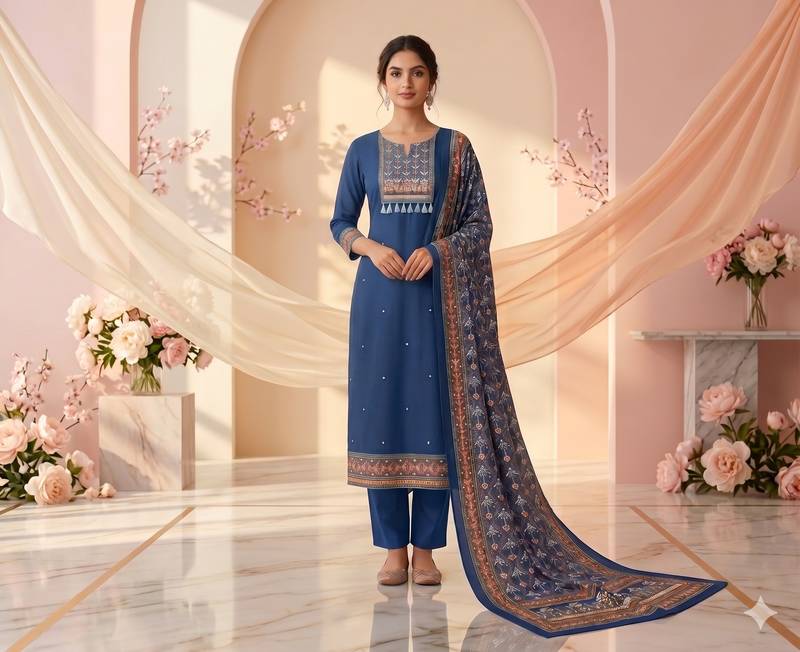 women's blue unstitched reyon cotton dress material with printed dupatta