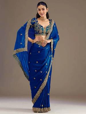 Glamourous royal blue tissue silk zari and sequins embroidered indian latest designer saree 4