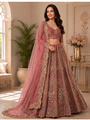 onion pink color Multi Thread work Sequins and Zari Embroidery net Lehenga Choli set 1