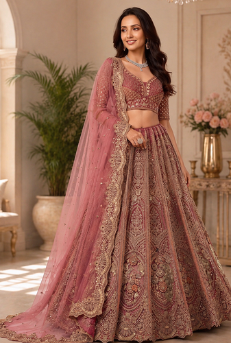 onion pink color Multi Thread work Sequins and Zari Embroidery net Lehenga Choli set