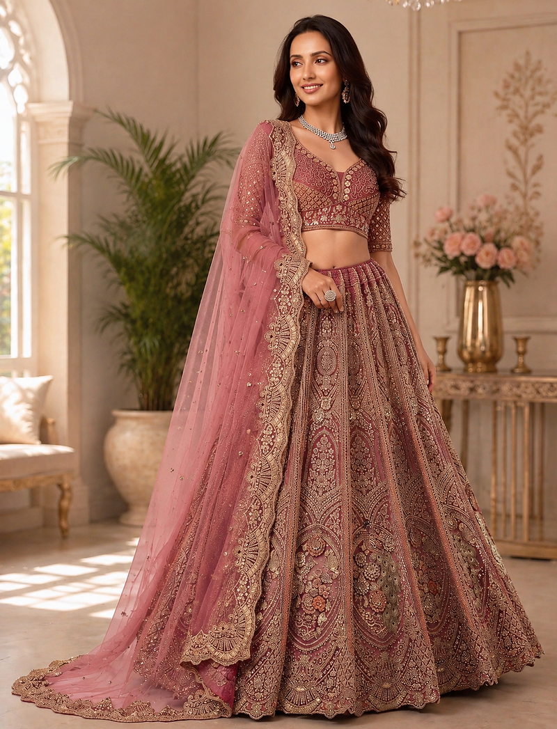 onion pink color Multi Thread work Sequins and Zari Embroidery net Lehenga Choli set